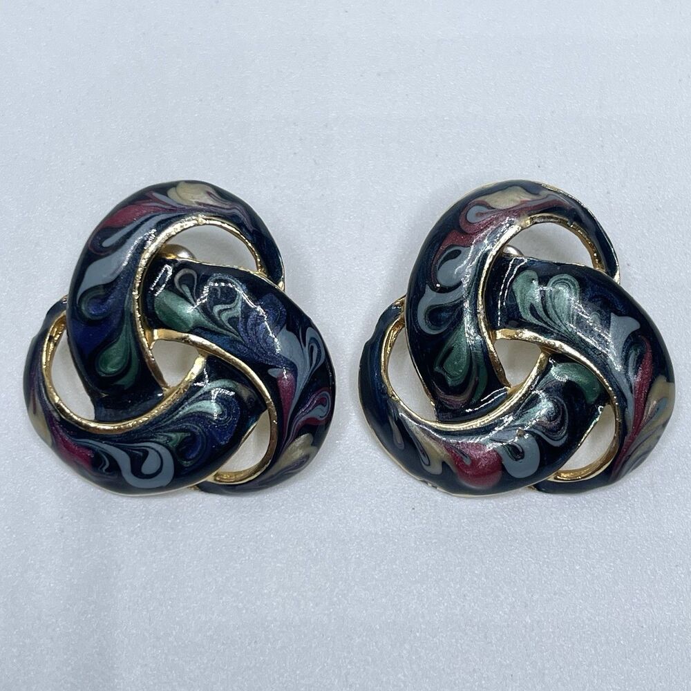 Vintage Made in the USA Gold Tone Blue Enamel Knot Stud Earrings Statement Boho